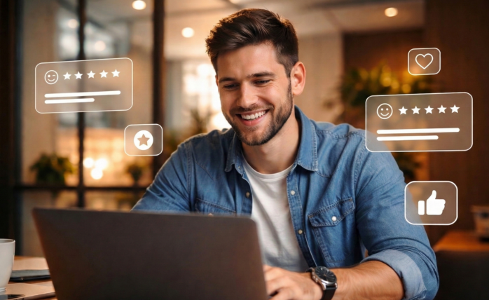 A stylized graphic representing a website interface with trust icons or a secure connection symbol, emphasizing digital credibility.