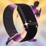 A Whoop wearable device on a user's wrist, with the Whoop app displaying detailed health and performance metrics on a smartphone screen.