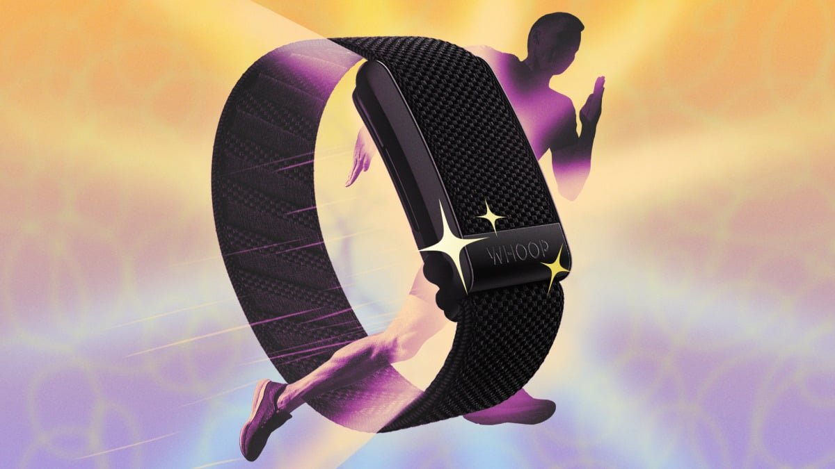 A Whoop wearable device on a user's wrist, with the Whoop app displaying detailed health and performance metrics on a smartphone screen.