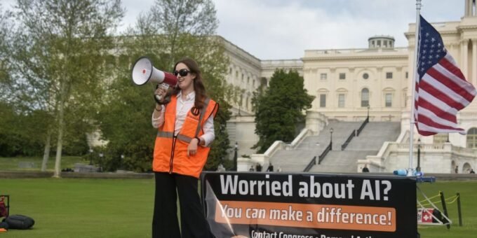 Illustration depicting the tension between AI development and anti-AI activism, with logos of Pause AI and Stop AI, and a subtle reference to Sam Altman.