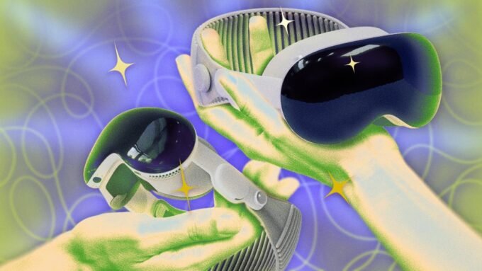 A user wearing an Apple Vision Pro headset, interacting with floating spatial windows and widgets in a modern living room.