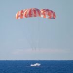 NASA's Orion capsule carrying the Artemis II astronauts splashing down in the Pacific Ocean off the coast of San Diego.
