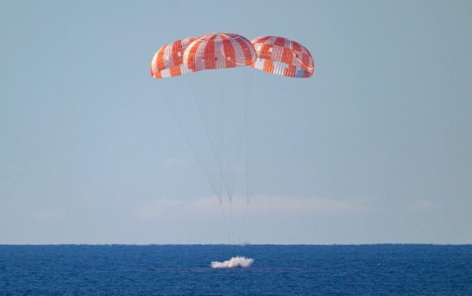 NASA's Orion capsule carrying the Artemis II astronauts splashing down in the Pacific Ocean off the coast of San Diego.