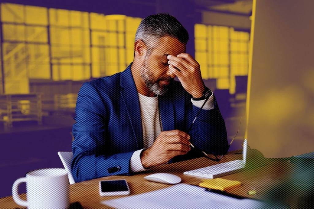 A founder performing bilateral stimulation, tapping their chest, with a calm expression, symbolizing stress resolution.