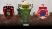 CAF Confederation Cup trophy with Olympique Safi and USM Alger club emblems