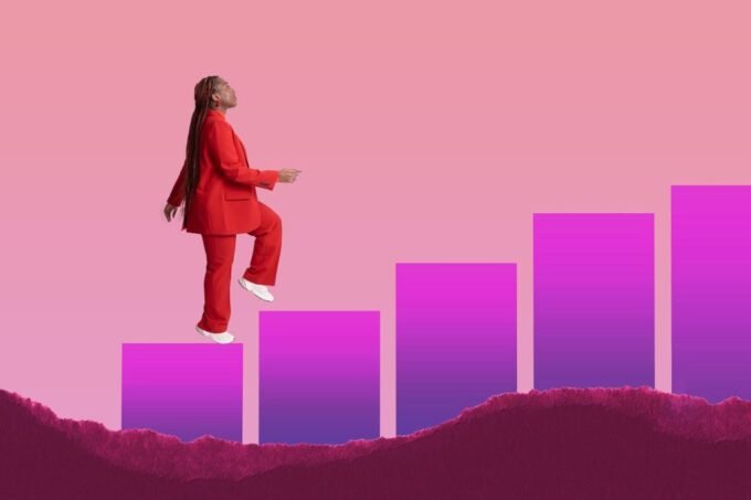 Illustration of a person climbing a ladder or steps, symbolizing career progression and growth stages.