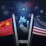 Illustration of a digital lock and key with AI neural network background, symbolizing AI intellectual property theft.