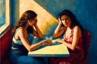 A person looking introspective or thoughtful, perhaps with blurred figures in the background, symbolizing a journey of self-discovery after a difficult friendship.