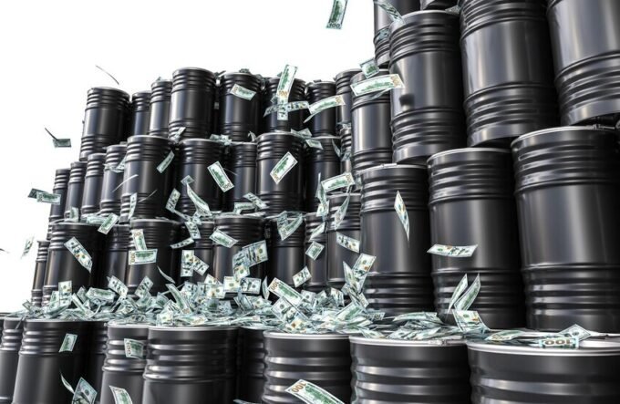 براميل نفط في ميناء، ترمز لارتفاع الأسعار والتوترات الجيوسياسية.