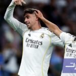 إبراهيم دياز يحتفل بمئويته في الدوري الإسباني مع ريال مدريد 8 صورة لإبراهيم دياز بقميص ريال مدريد يحتفل بإنجاز 100 مباراة في الدوري الإسباني.