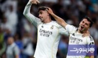 صورة لإبراهيم دياز بقميص ريال مدريد يحتفل بإنجاز 100 مباراة في الدوري الإسباني.