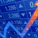 شاشة تعرض مؤشرات الأسهم الأمريكية مع رسوم بيانية صاعدة.