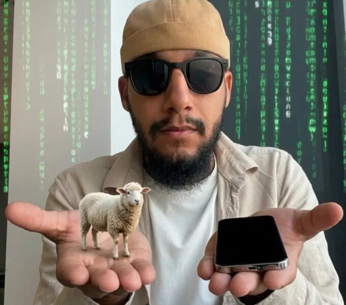 صورة توضيحية لشيخ يتحدث عن الأضحية والهواتف الذكية، تعكس الجدل الاجتماعي حول الأولويات الشرائية.