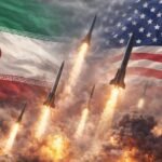 خريطة توضح مضيق هرمز وجزيرة خرج مع أعلام أمريكية وإيرانية