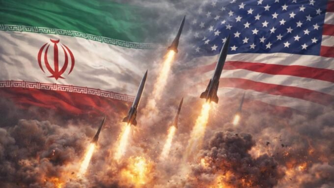 خريطة توضح مضيق هرمز وجزيرة خرج مع أعلام أمريكية وإيرانية