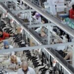 عمال في مصنع نسيج بمدينة فاس بالمغرب، يظهرون عملية خياطة سراويل الجينز، مع التركيز على جودة الخيوط المستخدمة.