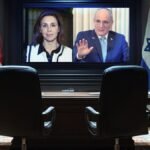 صورة توضيحية لسفيري لبنان وإسرائيل يتحدثان عبر الفيديو، مع خلفية ترمز للدبلوماسية والولايات المتحدة.