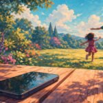 A parent looking up from a phone to a child, symbolizing renewed attention and connection.