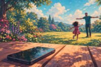 A parent looking up from a phone to a child, symbolizing renewed attention and connection.