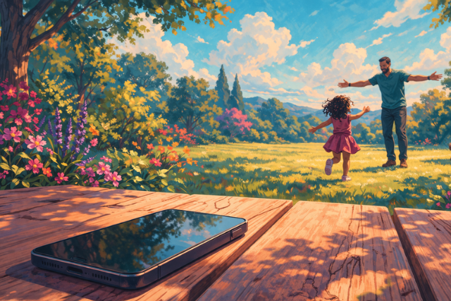 A parent looking up from a phone to a child, symbolizing renewed attention and connection.