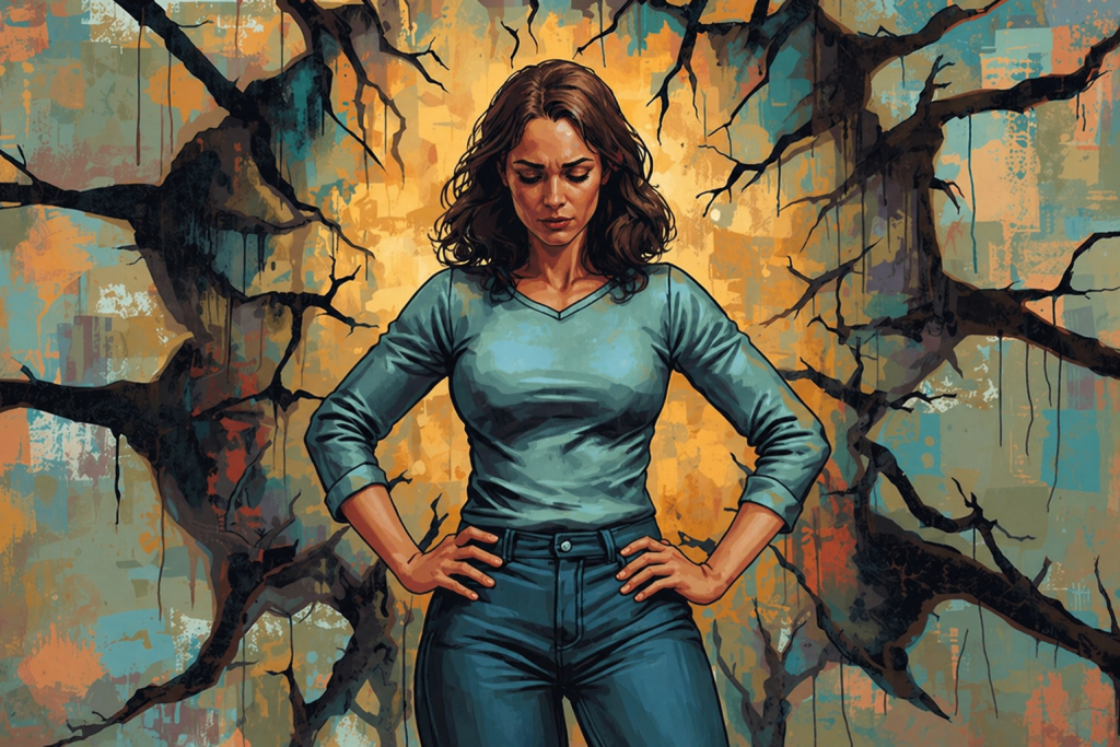 A person standing alone in a long, dimly lit hallway, symbolizing isolation and a heavy emotional burden.