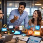 A visual representation of a large enterprise content marketing strategy, showing interconnected departments and digital channels.