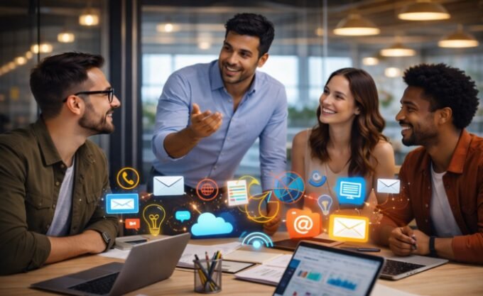 A visual representation of a large enterprise content marketing strategy, showing interconnected departments and digital channels.