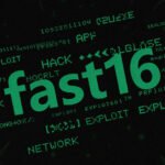A digital representation of malware code or a circuit board, symbolizing advanced cyber threats like fast16.