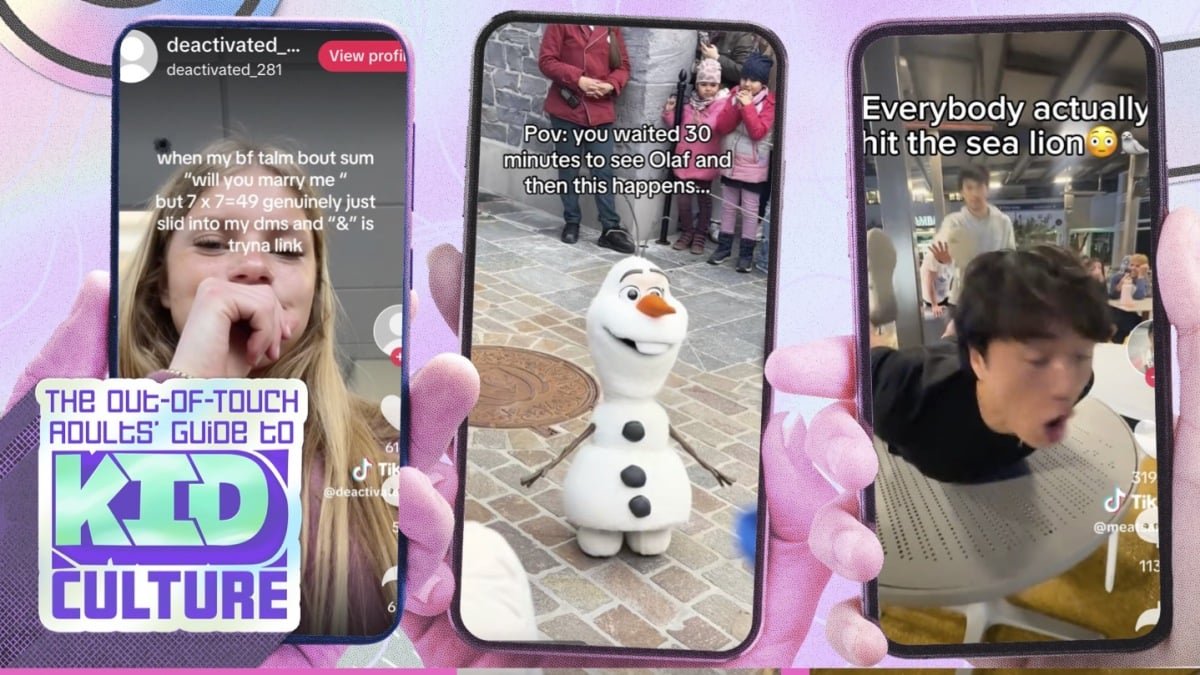 Collage representing various Gen Z cultural trends and memes, including a calculator, a pizza, and a sea lion.