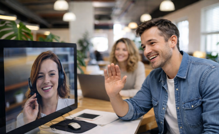 Modern office space with a mix of collaborative and individual workstations, symbolizing hybrid work design.