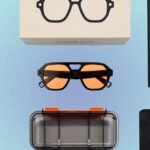 A person wearing sleek L'Atitude 52°N Berlin smart glasses, looking at a museum exhibit, with a subtle digital overlay suggesting AI interaction.