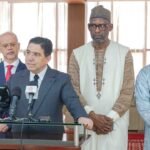 Le ministre des Affaires étrangères marocain, Nasser Bourita, s'exprimant lors d'une déclaration au palais de Koulouba à Bamako, Mali, le 10 avril 2026, après son audience avec le président de la transition, Assimi Goïta.
