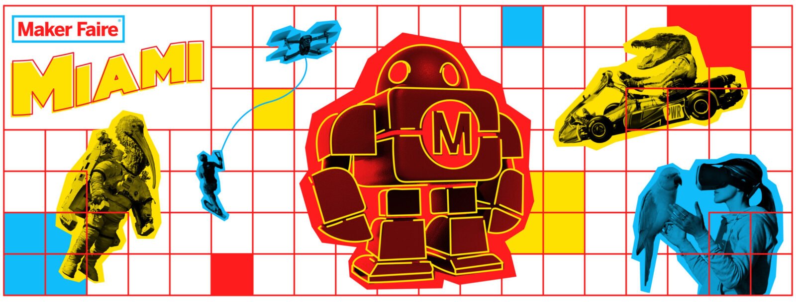 A vibrant scene from Maker Faire Miami, showcasing diverse innovations from robotics to interactive art, with attendees engaging with exhibits and featured makers.