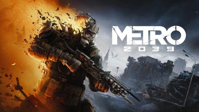Promotional artwork for Metro 2039, featuring a character in a gas mask in a dark, ruined environment.
