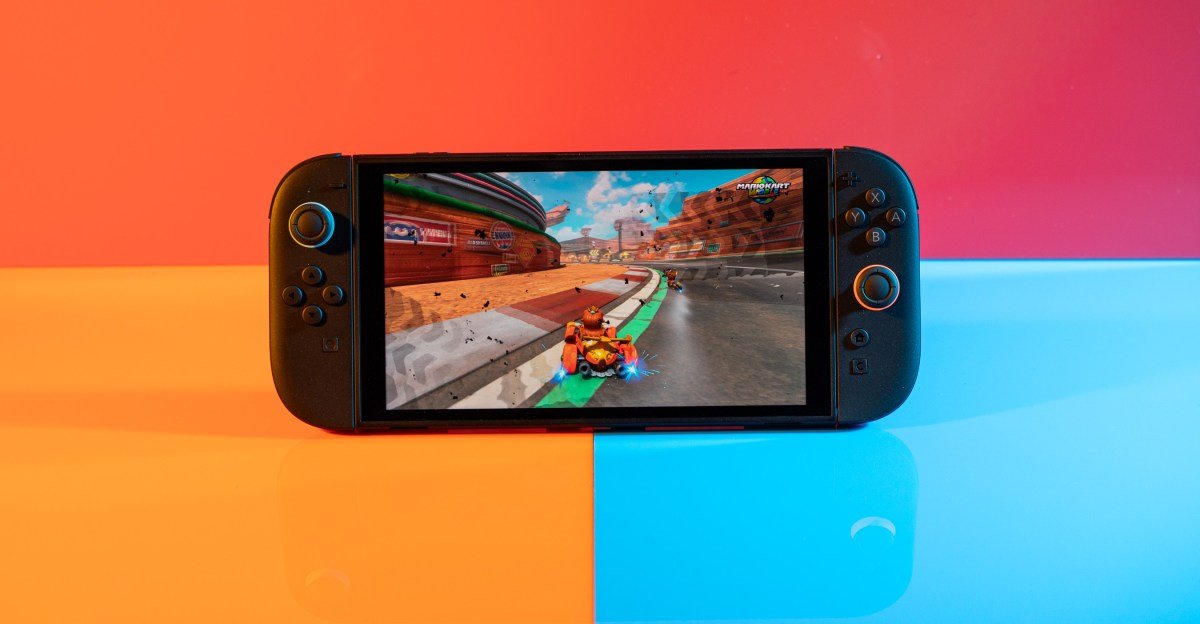 Nintendo Switch 2 console with game characters, symbolizing resilience in the gaming industry.