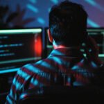 Illustration of a digital supply chain under attack, with malicious code infiltrating open-source packages.