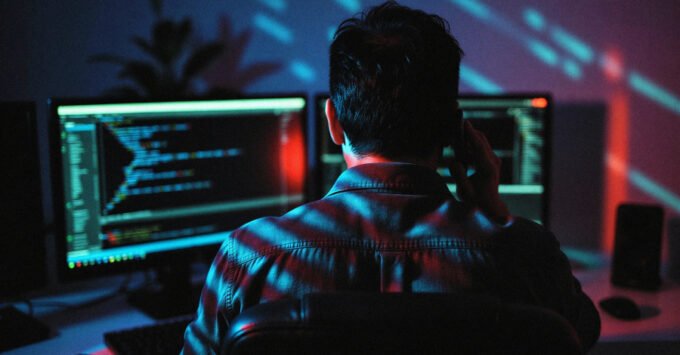 Illustration of a digital supply chain under attack, with malicious code infiltrating open-source packages.