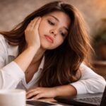 A person looking inspired and focused, perhaps journaling or working on a laptop in a bright, organized space.