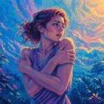 Person experiencing a panic attack, gripping a steering wheel, with a bridge in the background