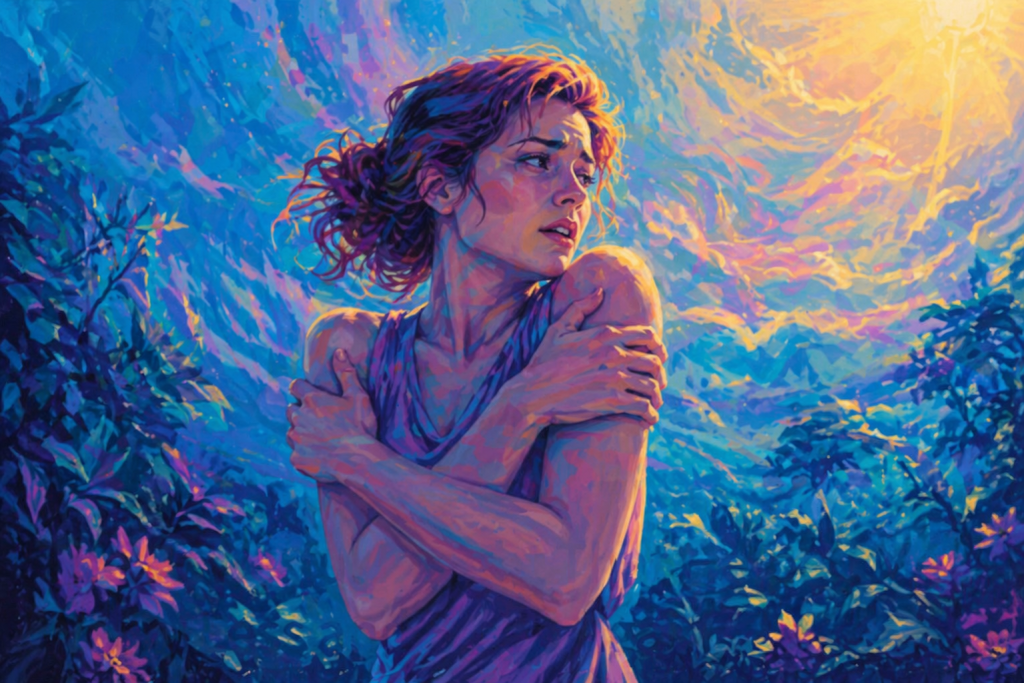 Person experiencing a panic attack, gripping a steering wheel, with a bridge in the background