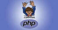 Abstract image representing cybersecurity and software development, with PHP Composer logo and warning signs