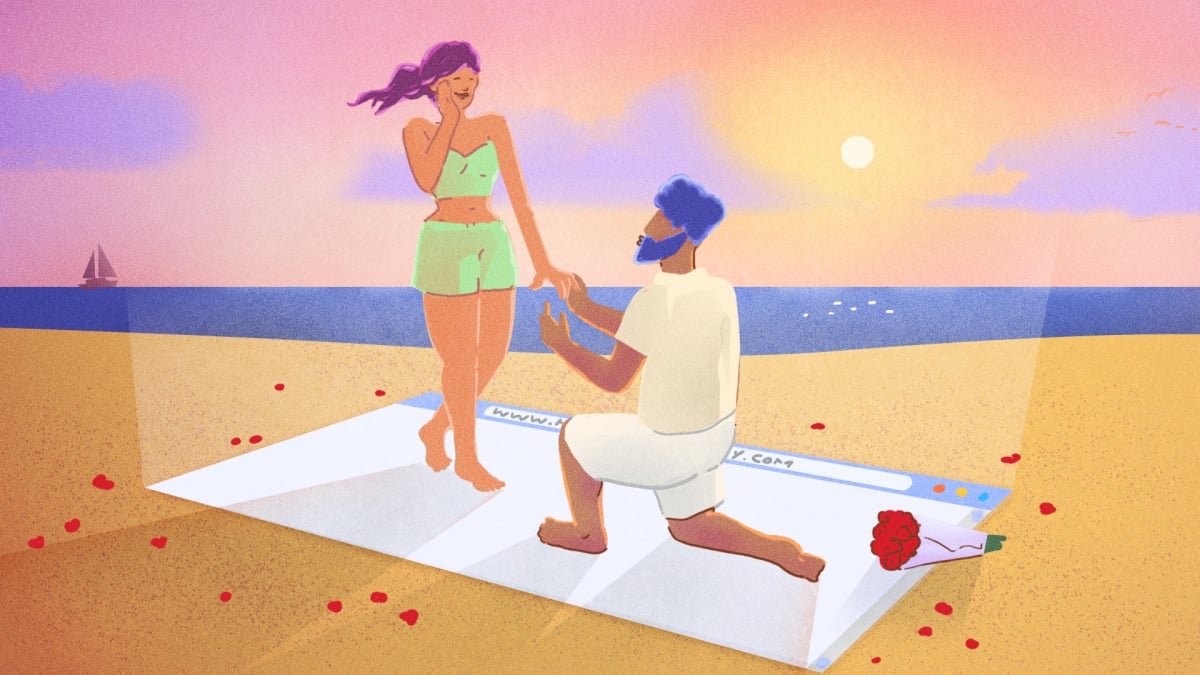 A diverse couple smiling and holding hands, looking at a smartphone displaying various dating app icons, symbolizing successful online connections.