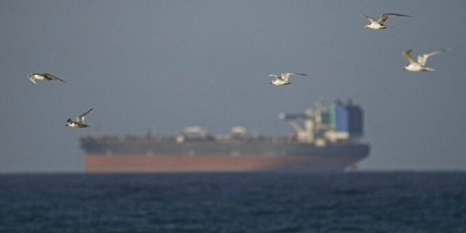 A large commercial oil tanker navigating the narrow waters of the Strait of Hormuz with land visible on either side.