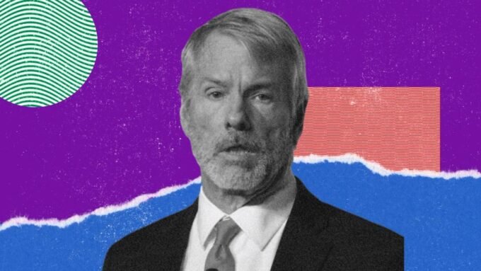 Michael Saylor's 'Think Bigger' tweet on a screen with Bitcoin chart in the background, symbolizing Strategy's aggressive BTC acquisition.