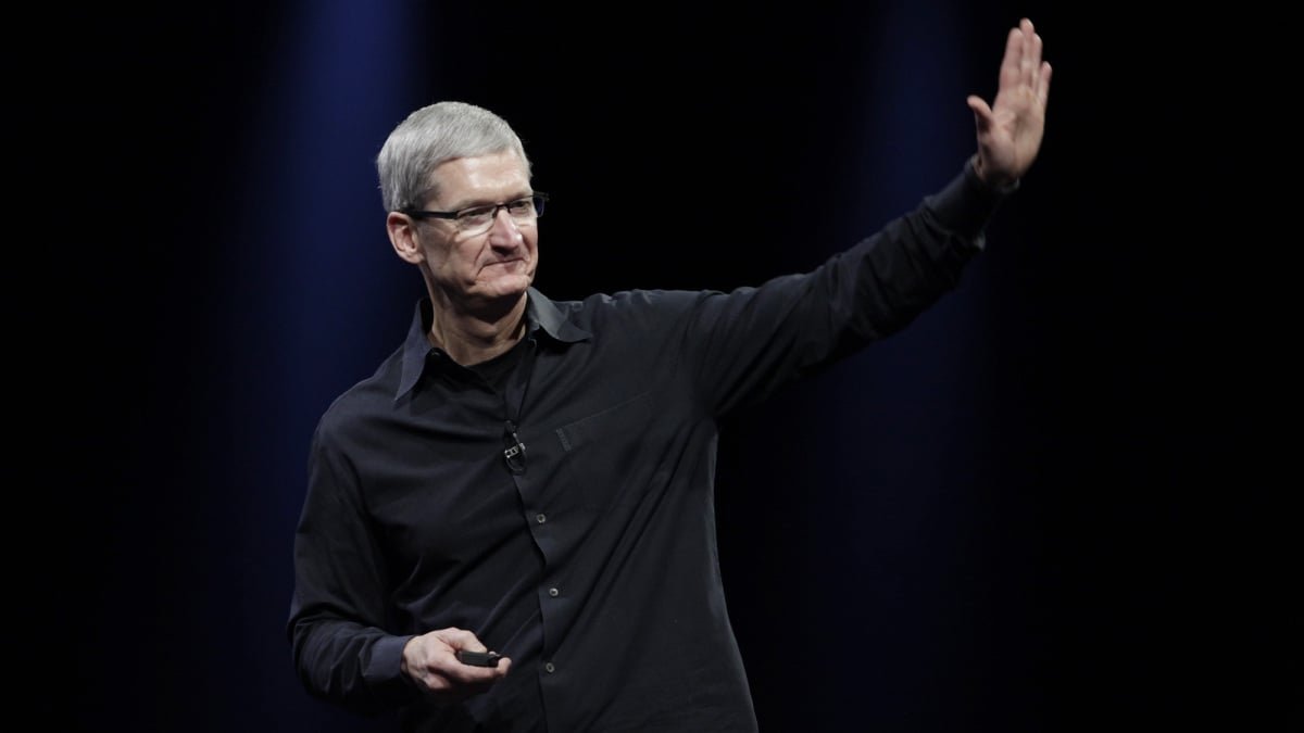 Tim Cook on stage presenting a new Apple product