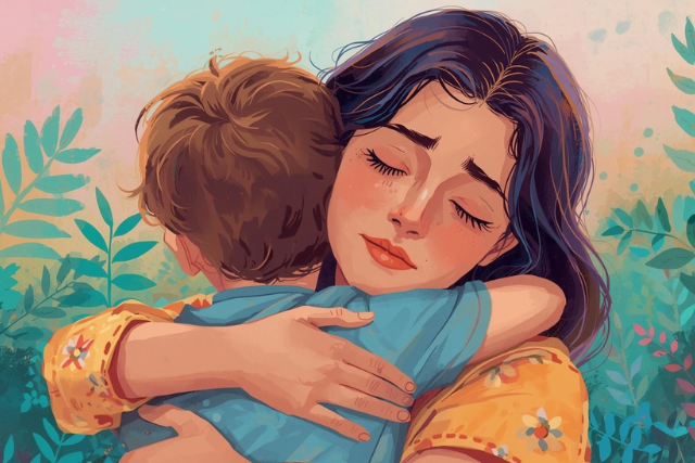 A parent gently holding a child's hand, symbolizing support and healing amidst past trauma.