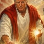 AI-generated image depicting Donald Trump in a Christ-like pose, surrounded by heavenly figures and a transformed soldier-turned-demon.