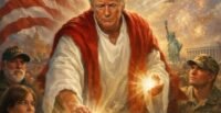 AI-generated image depicting Donald Trump in a Christ-like pose, surrounded by heavenly figures and a transformed soldier-turned-demon.