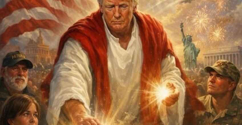 AI-generated image depicting Donald Trump in a Christ-like pose, surrounded by heavenly figures and a transformed soldier-turned-demon.