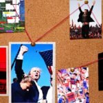 Donald Trump at a rally, with text overlay discussing conspiracy theories.